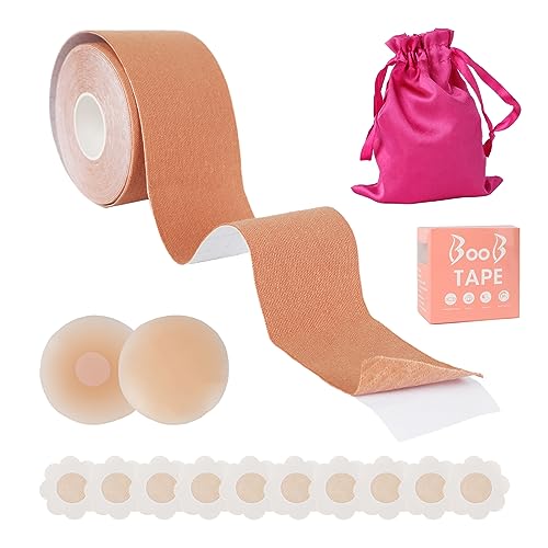 HERBYD Cinta Adhesiva Pecho, Cinta para Pecho Mujer Cazuelas Adhesivas para Push Up, Adecuado para A-G, con 1 Cinta Sujetador Pecho, 5 Pétalos de Satén Pecho, 2 Cubiertas Silicona