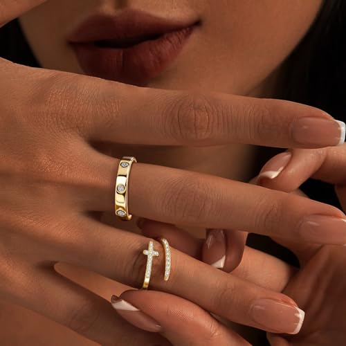My Queen Gold Ring Sets for Women Non Tarnish 14k Gold Plated Dainty Love Cubic Zirconia Cross Rings Stackable Promise Ring Wedding Band Jewelry Gifts2