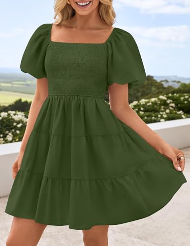 Image of ZESICA Women's Boho 2026 Summer Square Neck Puff Sleeve Off Shoulder Smocked Tiered Casual A Line Short Mini Dress