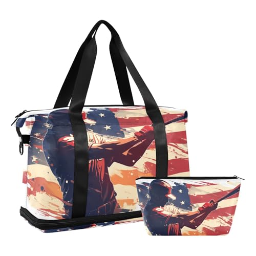 Baseball American Flag Gym Sports Duffel Bags Carry On Personal Item Bag with Toiletry Bag for Yoga Multifunctional