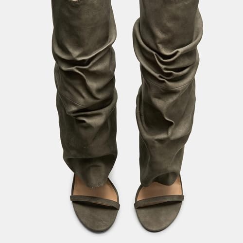 Yishaweiqi Slouched Ruched Knee High Heels for Women Round Open Toe Stiletto Heels Pull On Wide Calf Sandals4