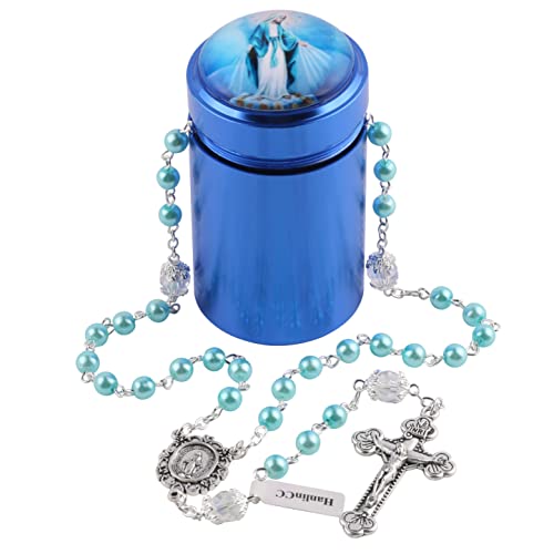 HanlinCC 6mm Light Blue Glass Pearl Beads Miraculous Catholic Rosary Necklace with Blue Catholic Metal Gift Box for Women (Light Blue Miraculous Rosary)