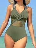 Fryloo bañador Traje De Baño Una Pieza para Mujer, con Eslabones Anillo Fruncido, Adelgazante, Playa, Piscina, Verano-s4verde Militar-m
