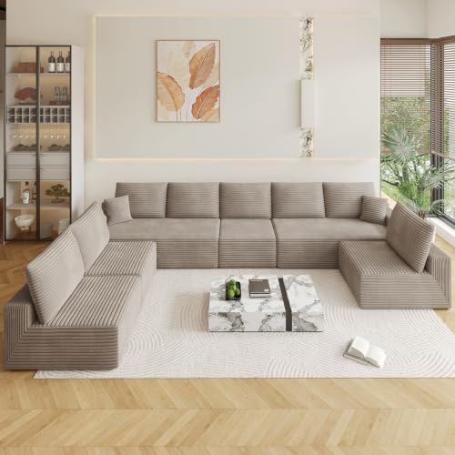 Image of Oversized Modular Sectional Sofa Couch, Large 8 Seater Corner Sofa Modern U Shaped Sectional Couch Cloud Couches for Living Room, Office, Spacious Space, Corduroy, No Assembly Required, Camel