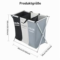 ARATERVIO Wäschekorb Mit 3 Fächern Faltbarer Wäschesammler Aus 600D Oxford-Stoff Wasserdichter Wäschesortierer Mit Tragegriff Wäschebox Für Schmutzwäsche Kleidung Organisation 60x38x65cm – Ansicht 2