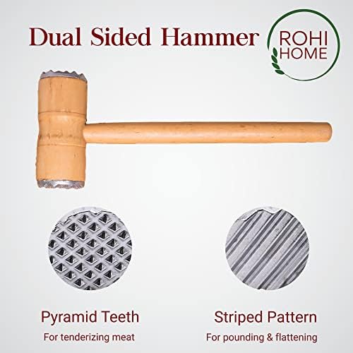 Rohi Meat Tenderizer  Heavy Duty Meat Hammer with Stainless Steel Heads  Durable Wooden Meat Mallet Tool and Chicken Pounder with Metal Spikes