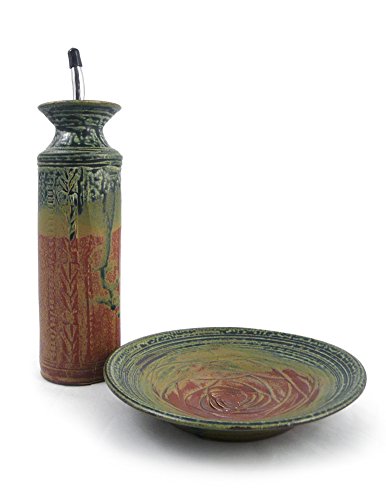 American Made Stoneware Pottery Oil Cruet Bottle and Dipping Dish Set