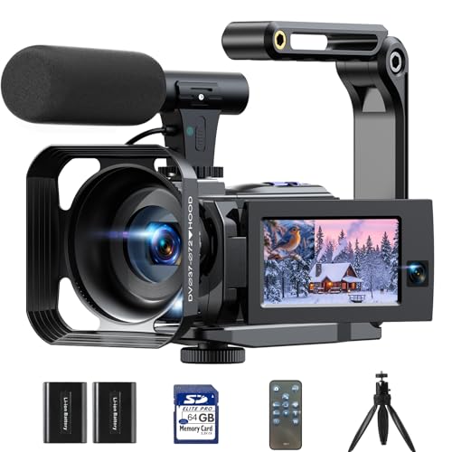 Camcorder Video Camera 5K, Dual Lens Vlogging Camera for YouTube, 3” 270° Rotatable Touchscreen WiFi 56MP Night Vision Cam Corder with 64GB SD Card, Microphone, Tripod, Stabilizer, Remote, Batteries