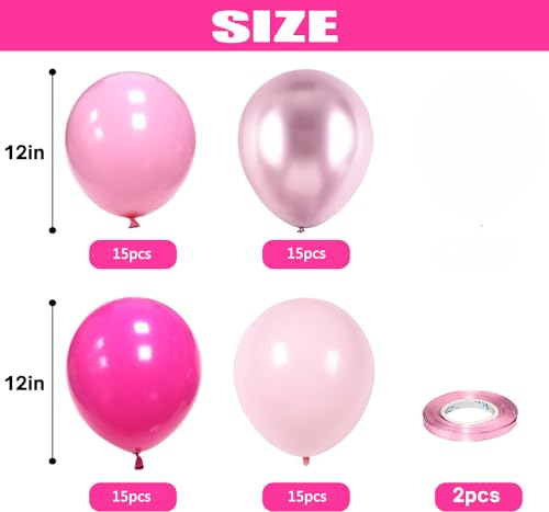 Image of 60pc Pink Balloons Metallic Rose Red Balloon Hot Pink Latex Ballons and Dark Magenta Balloons for Birthday Baby Shower Princess Party Decorations