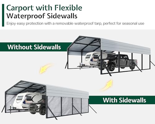 Image of Jocisland 20x20 FT Heavy Duty Metal Carport, All-Weather Car Carport with Waterproof Removable Sidewall, Galvanized Steel Roof & Reinforced Base, Canopy for Full-Sized Pickups, Bass Boats and Tractors