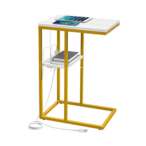 Yoobure C Shaped End Table with Charging Station, Small Side Tables for Living Room, Bedroom, Sofa Table with USB Ports and Outlets for Small Spaces, C Couch Table Rustic Snack Table Bed Side Table