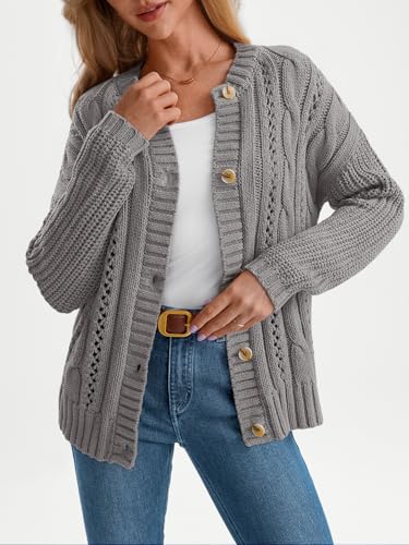 Image of LILLUSORY Women Cable Knit Cardigan Sweaters Cotton Button Up Chunky Outfit | Crochet, Open Front, Cozy Knit, Oversized, Trendy Fall Outfits, Winter Clothes, 2026 Outerwear