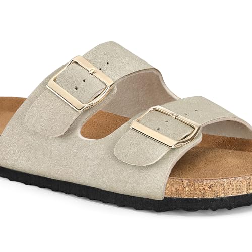 Image of mysoft Womens Flat Sandals Cork Footbed Slides with 2 Straps | Adjustable Buckle Slip On Comfortable Casual Light Weight Summer sandals
