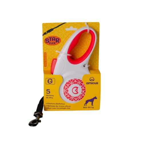 Amicus Guia Retrátil Star Flex Tamanho G Branca E Vermelha Para Cães Grande Bracno E Vermelho