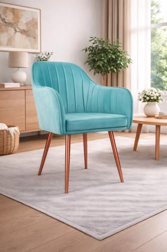 Image of Plush Dining Chair | Accent Chair for Living Room Bedroom Restuarant | Velvet Fabric & Thick Cushion Seat with Sturdy Glossy Metal Legs (Bronze Legs, Sky Blue)