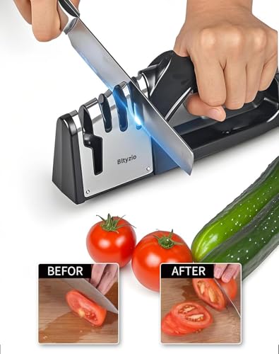 image for Bltyzio 4-In-1 Manual Knife Sharpener for Kitchen Knives & Scissors, P