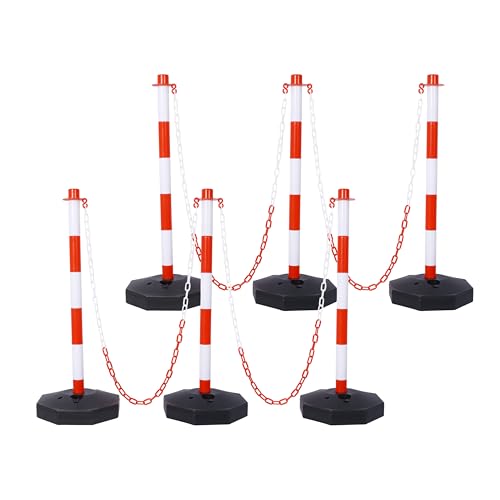 6 Pack Traffic Delineator Post Cones with Fillable Base, Expandable Traffic Safety Barrier with 5Ft Plastic Chain, Adjustable Plastic Safety Barrier for Traffic Control and Warning, Red and White