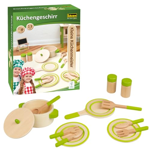 Idena 40238-Juego de vajilla de Madera Little Chef, 13 Piezas de Utensilios, Accesorios para Cocina de Juego y Tienda, para niños a Partir de 2 años, Multicolor Berlin 40238