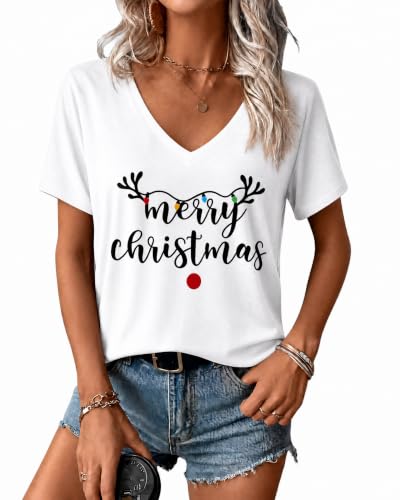 essential cocoon Women's Merry Christmas Graphic V Neck T Shirt,L