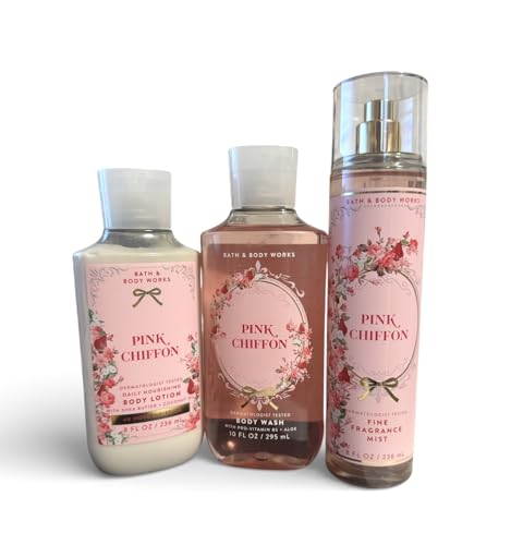 Bath & Body Works Pink Chiffon Set - Shower Gel 10oz, Fragrance Mist 8oz & Body Lotion 8oz