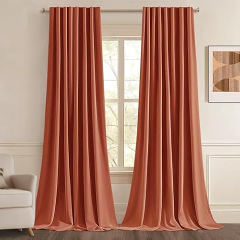 Woaboy Back Tab Blackout Curtains 108 Inch Long 2 Panels for Living Room Bedroom Burnt Orange Pinch Pleated/Rod Pocket Light Blocking Room Darkening Ceiling Track Drapes with Hooks Terracotta/Rust Cover