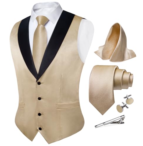 DiBanGu Mens Vest Formal Solid Color Waistcoat and Tie Pocket Square Set Satin Shawl Lapel Dress Vest Wedding Business