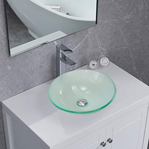 PetusHouse Frosted Tempered Glass Bathroom Vessel Sink and Pop Up Drain Combo, Round Above Counter Bathroom Vessel Vanity Sink Washing Art Basin Bowl