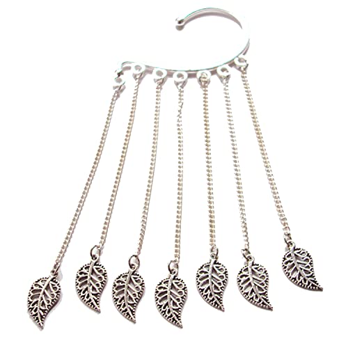 Long chain ear cuff handmade fall leaves earring non pierced ear wrap statement climber dramatic earrings tribal fringe native American style large mono earring no piercing jewelry ear jacket gifts