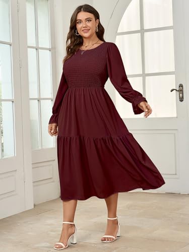 Image of SHESTARR Women's Plus Size Dress Long Sleeve Crewneck Smocked Tiered Flowy Boho Wedding Party Maxi Dresses