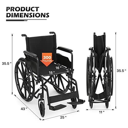 Monibloom Foldable Wheel Chair With Flip Back Armrests, 24" Large All Terrain Wheel, Folding Swing-Away Footrest 18 Inch Wide Seat Wheelchair For Storage And Travel, 300Lb Capacity, Black #TOP1