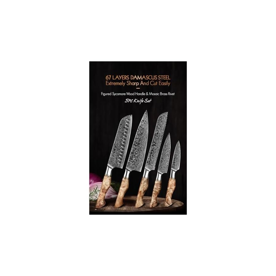 Super Sharp Damascus Kitchen Knife Set,Figured Sycamore Wood handle Knife Set,67-Layer Japanese VG10 Steel for Chef Knife Set,Knives Set for Kitchen,Bread Knife,Paring Knife(5PCS)
