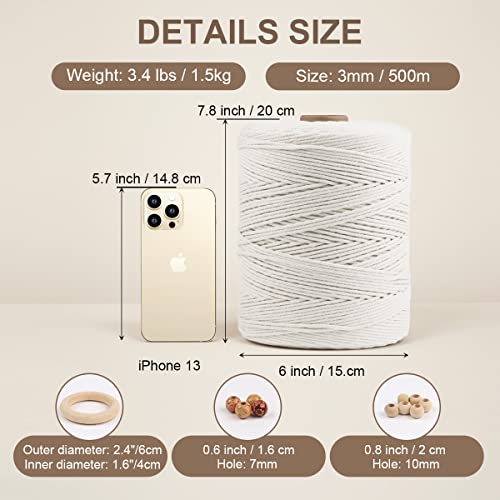 Image of ZUEXT Macrame Cord, Beige White, 3mm x 547yds Cotton String Macrame Yarn | Natural Handmade, 4 Strands Twisted Cotton Rope, for Craft Wall Hanging Weaving Tapestry Dream Catchers Hanger DIY Gift, 500m