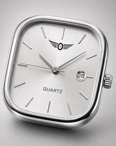 Image of Minimalist Men's Square Dial Watch with Date | Comfortable Stainless Steel Quartz Analog Wristwatch | Casual & Formal Timepiece