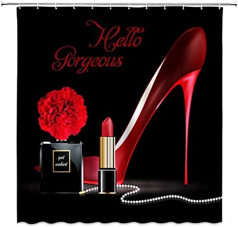 VPUPCN Red High Heel Shower Curtain Hello Gorgeous Black Perfume Flower Lipstick Fashion Makeup Romantic Woman Girls Polyester Curtains Bathroom Decor with Hooks 70wX70h Inch