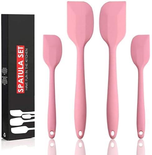 FloweryOcean 4 Spatules en Silicone Résistant à la Chaleur 260°C/ 500°F,BPA Free,Non-Stick,Un Noyau en Acier Inoxydable et Sans Couture Conception une Pièce Pour Cuisine,Pâtisserie et Cuisson (Rose)