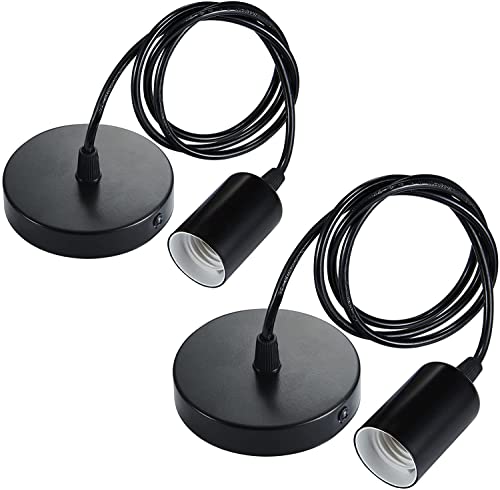 Wuudi Metal Pendant Light Fitting 2-Pack, E27 Lamp Holder Black Ceiling Rose with 100cm Cable for Kitchen Island Living Room Bedroom Dinning Room Lightings