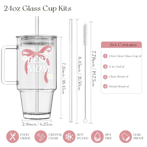 KEMORELA Birthday Gifts for Mom 24oz Glass Tumbler with Handle and Leak-Proof Lid, 1PCS Cute Best Mom Print Glass Cup for Iced Coffee, Tea, Smoothies, Perfect Mothers day gifts from Daughter, Son — view 2