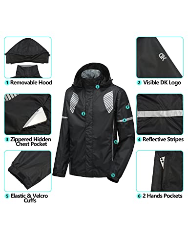 Little Donkey Andy Men's Waterproof Running Cycling Rain Jacket Reflective Raincoats Packable Windbreaker Removable Hood Black L #TOP4