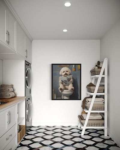 Image of Bichon Frise on Toilet Black Framed Wall Art Print Poster, Dog Bathroom Humor Decor Posters Prints for Restroom Home Picture Painting Artwork Gallery 7 (Bichon Frise, 18 x 24 inches, Black Frame)