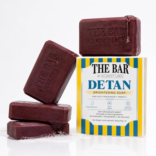 Image of Clarity Labs | DETAN BRIGHTENING SOAP | (Pack of 4) | Tan Removal | KOJIC ACID SOAP | Niacinamide | Vitamin C Kojic | Dark Spot Removal | Even Skin Tone | Glowing Brighter Skin | Reduces underarm pigmentation