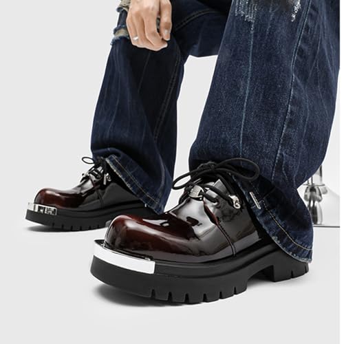 Men's Patent Leather Gradient Metal-Plate Platform Oxfords Classic Round Toe Lace Up Chunky Heel Anti-Slip Lug Sole Heighten Derby Shoes4