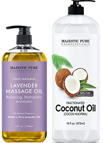 Majestic Pure Lavender Massage Oil 8 fl oz, and Fractionated Coconut Oil 16 fl oz Bundle