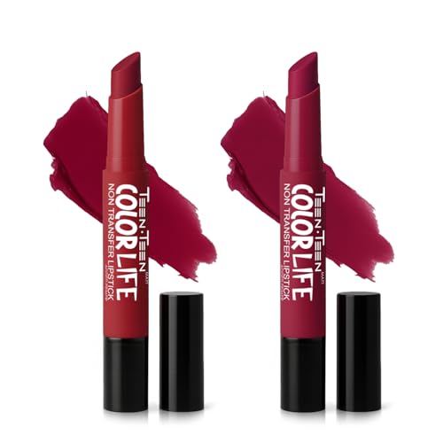 Image of TEEN TEEN Color Life Nontransfer Crayon Lipstick |Matte Finish with Built-in Primer |Waterproof & Long Lasting Lip Color |Smudge-Proof, Fade-Resistant Formula |Combo Color (Ruby Red, Pink Violet)