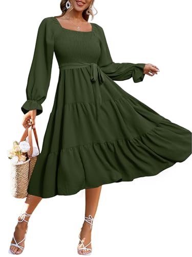 Image of Simplee Womens Long Sleeve Maxi Dress Casual Square Neck Smocked Flowy Fall Wedding Guest Dresses