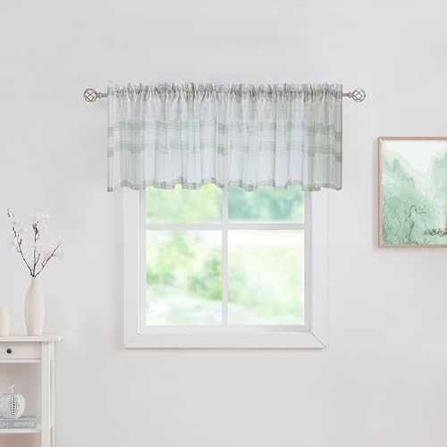 Randall White Green Check Linen Café Valance Curtain for Living Room Semi-Sheer Rod Pocket Classic Country Farmhouse Style Window Curtain Treatment, 2 Panels, 54in x18in, Sage Green