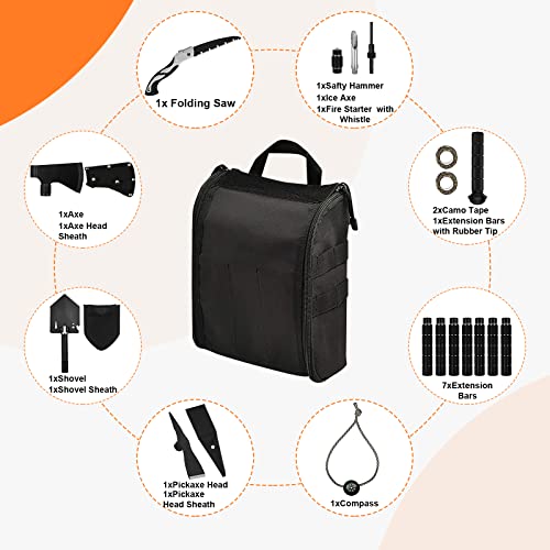 Fulllit Survival Shovel, Off-Roading Tool Kit, Tactical Folding Shovel, Camping Axe Multitool, Pickaxe, With Molle Carrying Bag For Outdoor, Car Emergency #TOP1