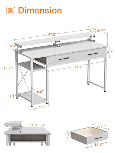 Odk Computer Desk With Drawers And Storage Shelves, 47 Inch Home Office Desk With Monitor Stand, Work Study Pc Desk For Small Spaces, White #TOP2