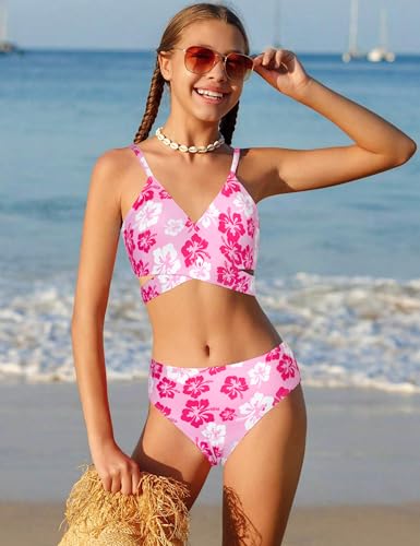 Girls Swimsuits 3 Piece Bathing Suit Allover Printed Criss Cross Bikini Set with Cover Up Skirt Beach Swimwear 7-16 Years2