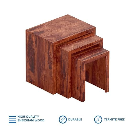 GAID WOOD Table Set - Sheesham Wood, Natural Finish - Versatile and Space-Saving Furniture Trio for Stylish Home Interiors for Functional Living Spaces 1
