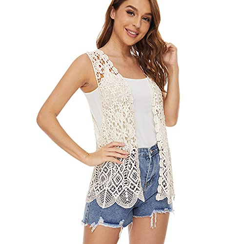 Image of Womens Floral Crochet Lace Boho Trim Sleeveless Open Front Vest Cardigan